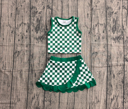 5.13 GSD4178 Sample No Moq Baby Girls Green Checked Vest Top Scallop Skirt Short Yoga Active Clothes Set