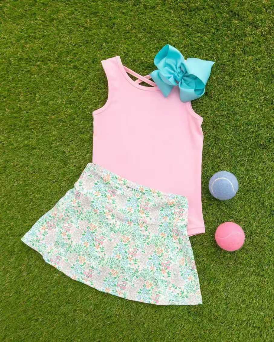 5.5 GSD4180 Pre order No Moq Baby Girls Pink Sleeveless Shirt Top Colorful Flowers Skirt Short Clothes Set