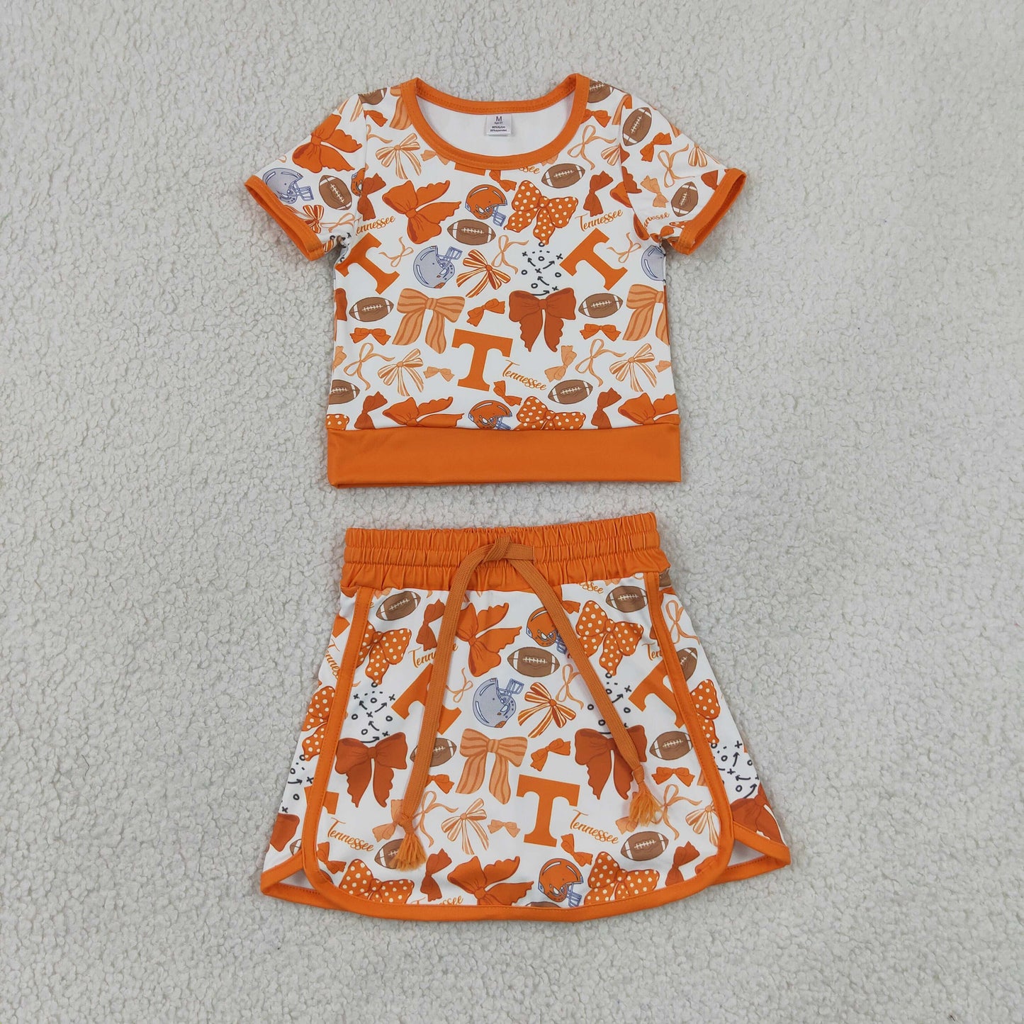 GSD4181 RTS NO MOQ （In stock）Baby Girls Orange Bows Footballs T Top Skirt Shorts  Yoga Active Clothes Setsoga Active Clothes Set