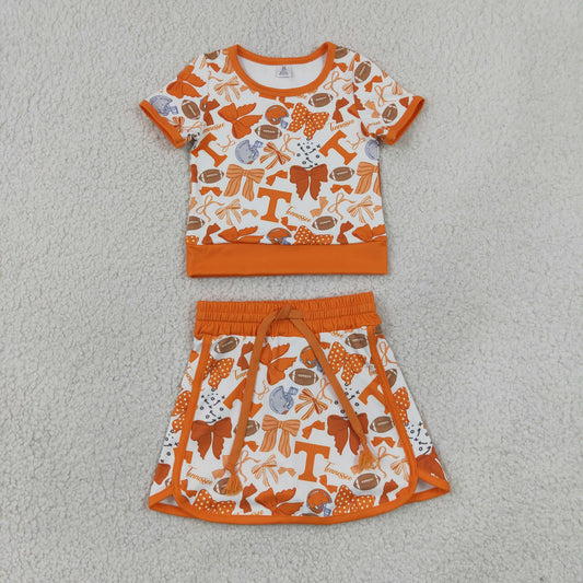 GSD4181 RTS NO MOQ （In stock）Baby Girls Orange Bows Footballs T Top Skirt Shorts  Yoga Active Clothes Setsoga Active Clothes Set