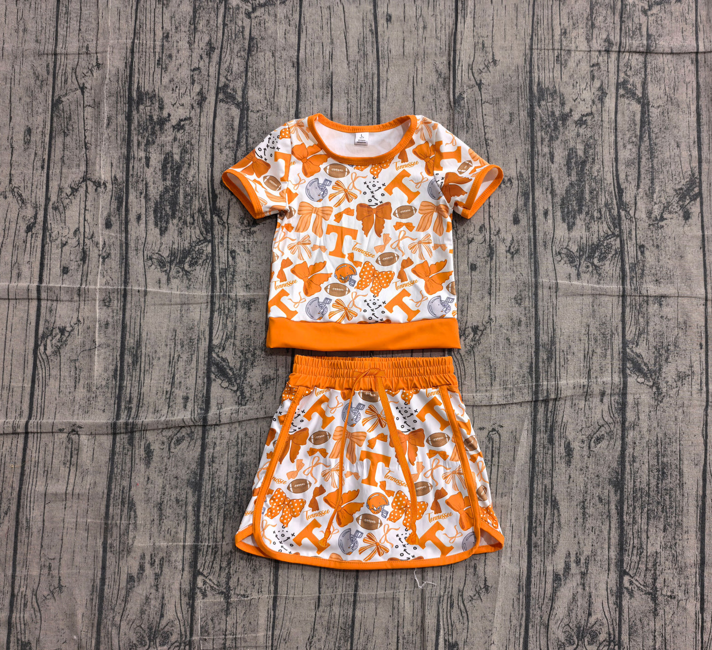5.13 GSD4181 Sample No Moq Baby Girls Orange Bows Footballs T Top Skirt Shorts  Yoga Active Clothes Setsoga Active Clothes Set