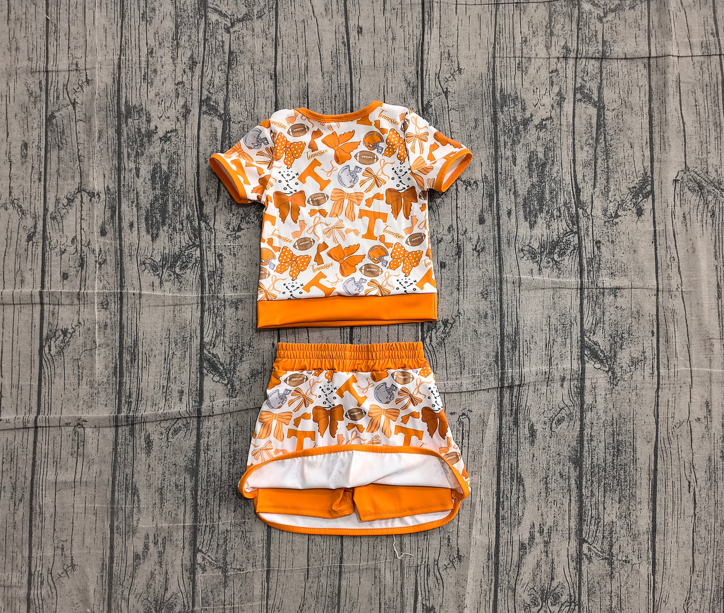5.13 GSD4181 Sample No Moq Baby Girls Orange Bows Footballs T Top Skirt Shorts  Yoga Active Clothes Setsoga Active Clothes Set