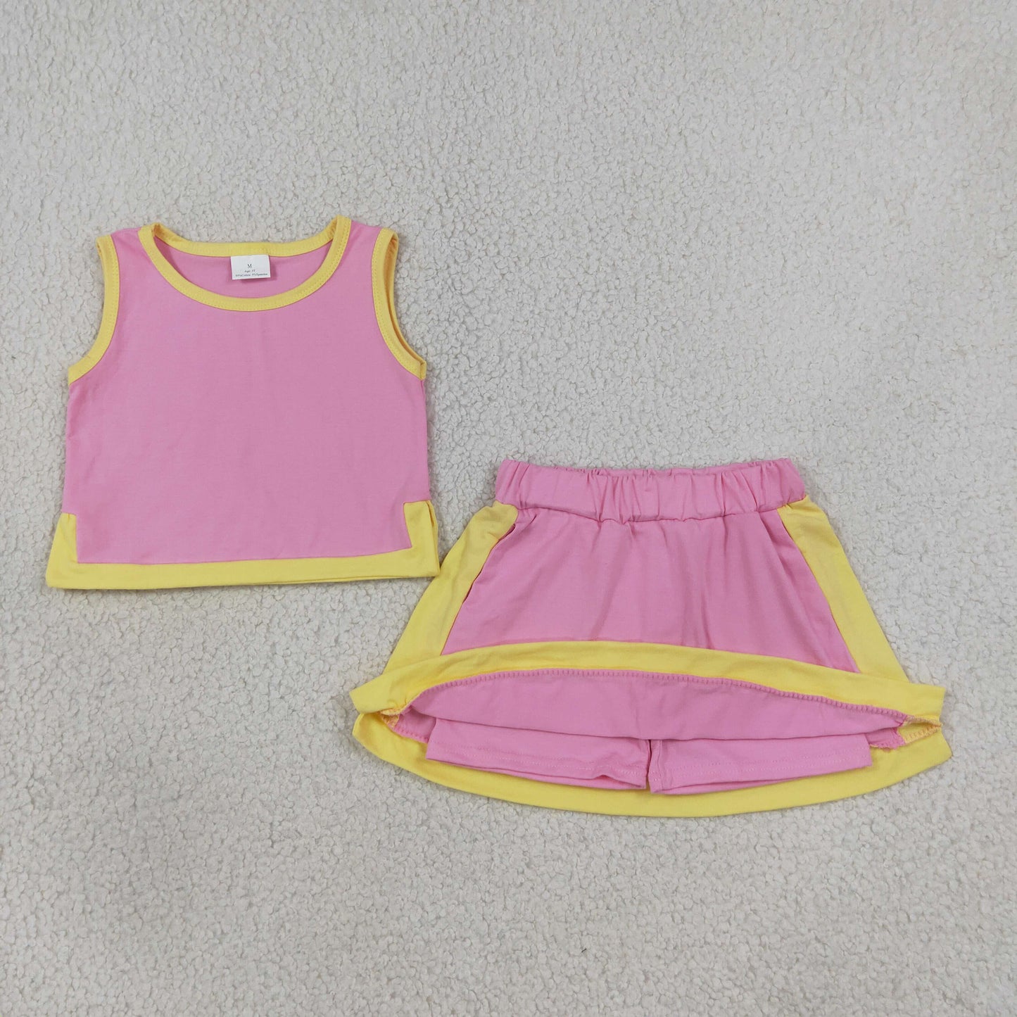 GSD4187 RTS NO MOQ （In stock） yoga fabric Baby Girls Pink Yellow Sleeveless Vest Top Skirt Short Clothes Sets