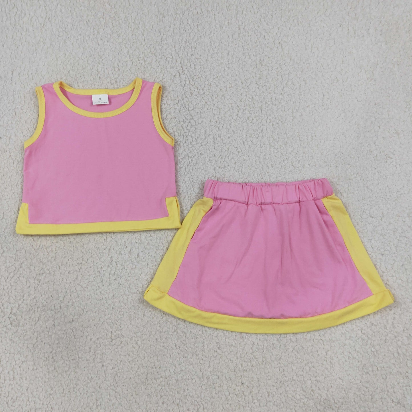GSD4187 RTS NO MOQ （In stock） yoga fabric Baby Girls Pink Yellow Sleeveless Vest Top Skirt Short Clothes Sets