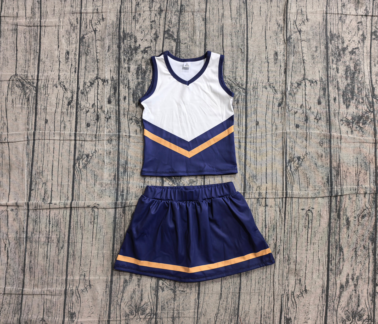 6.1 GSD4189 Sample No Moq Sleeveless gold navy top skirt girls team cheer active set