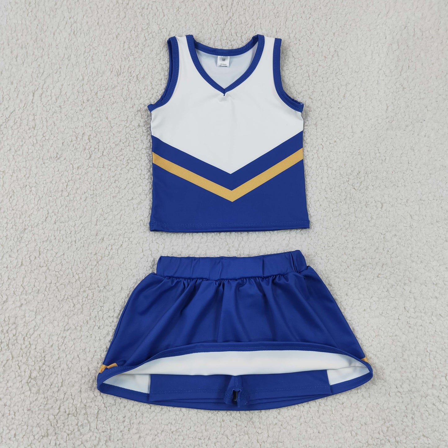GSD4196 RTS NO MOQ （In stock）Sleeveless gold blue top skirt girls team cheer active set