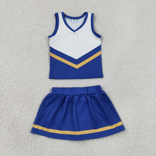 GSD4196 RTS NO MOQ （In stock）Sleeveless gold blue top skirt girls team cheer active set