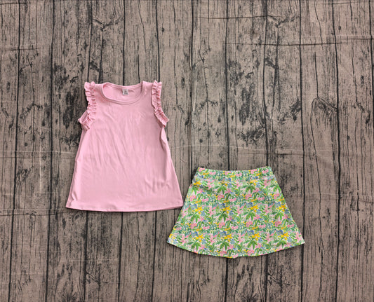 6.2 GSD4217（GT1701+GLK0311）Sample No Moq  Yoga Baby Girls Light Pink Cotton Sea World Print Tunic Top Scallop Skort Two Piece Yoga Active Clothes Set