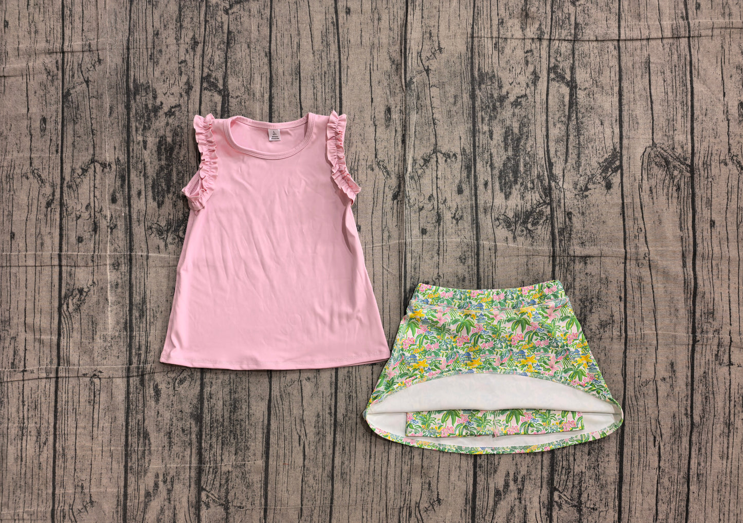 6.2 GSD4217（GT1701+GLK0311）Sample No Moq  Yoga Baby Girls Light Pink Cotton Sea World Print Tunic Top Scallop Skort Two Piece Yoga Active Clothes Set
