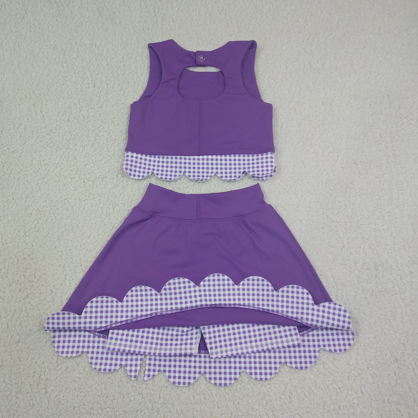 GSD4225 RTS NO MOQ （In stock） Baby Girls Purple Sleeveless Vest Bows Scallop Skirt Shorts Yoga Active Set