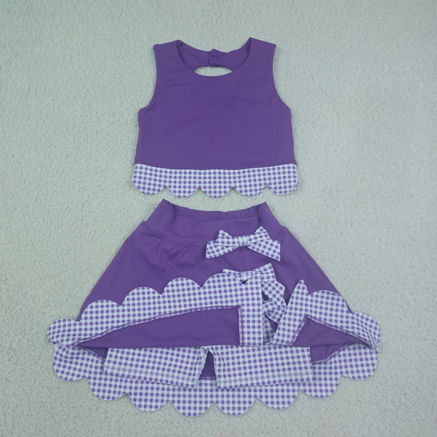 GSD4225 RTS NO MOQ （In stock） Baby Girls Purple Sleeveless Vest Bows Scallop Skirt Shorts Yoga Active Set