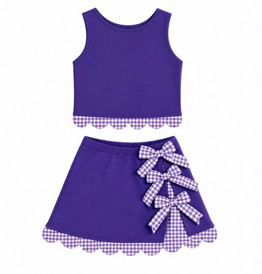5.15  GSD4225 Pre order No Moq Baby Girls Purple Yoga Active Scallop Sleeveless Vest Skirt Short Set