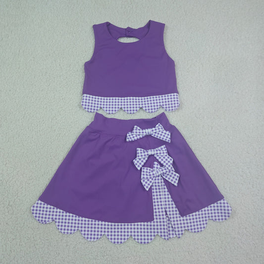 GSD4225 RTS NO MOQ （In stock） Baby Girls Purple Sleeveless Vest Bows Scallop Skirt Shorts Yoga Active Set