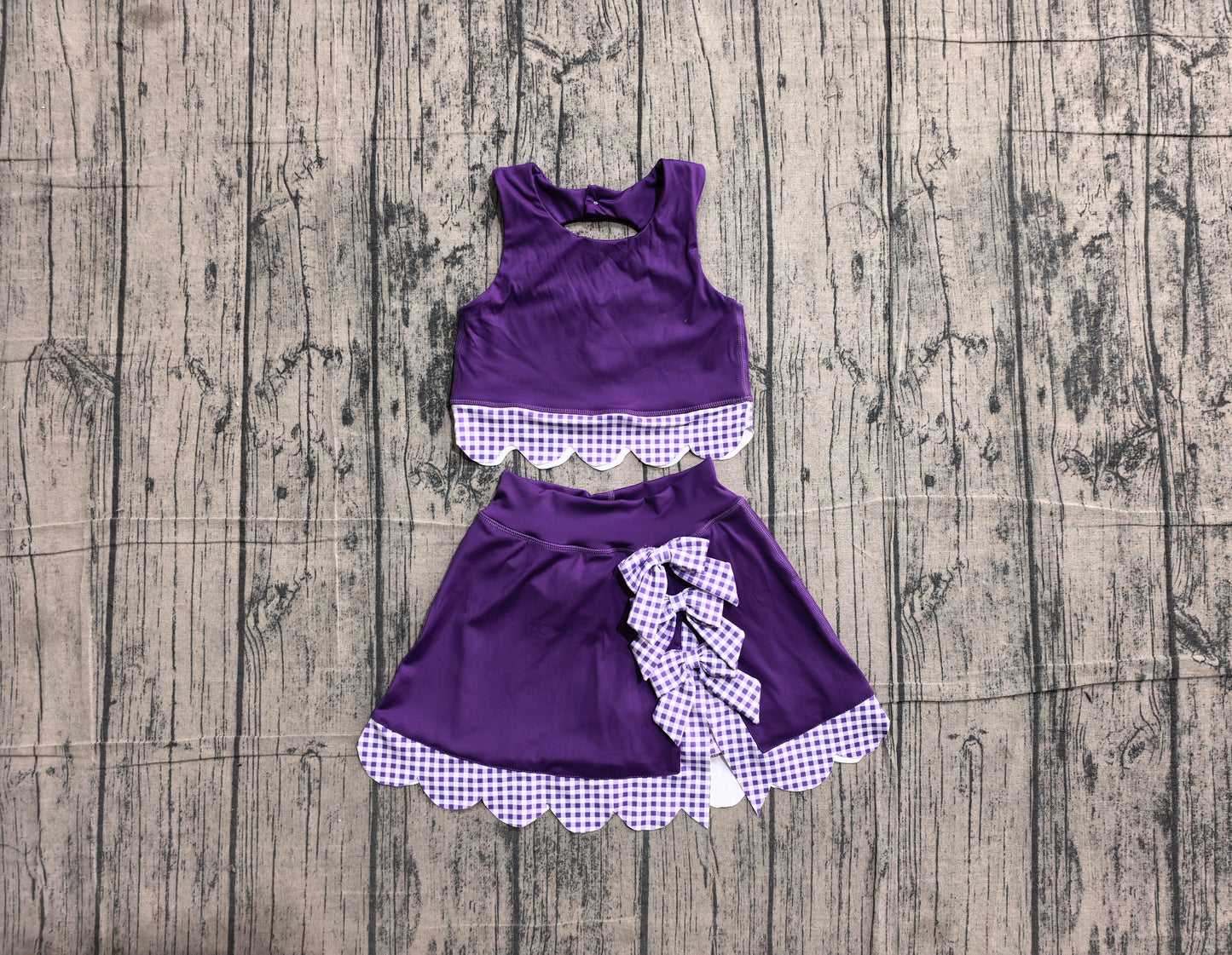 5.28 GSD4225 Sample No Moq Baby Girls Purple Sleeveless Vest Bows Skirt Short Yoga Active Scallop Clothes Sets