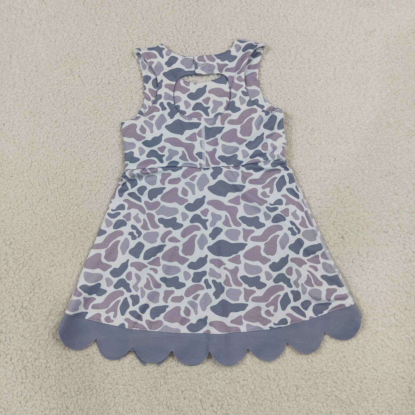 RTS NO MOQ （In stock）yoga fabric GSD4226 Baby Girls Light Gray Camo Scallop Knee Length Dress