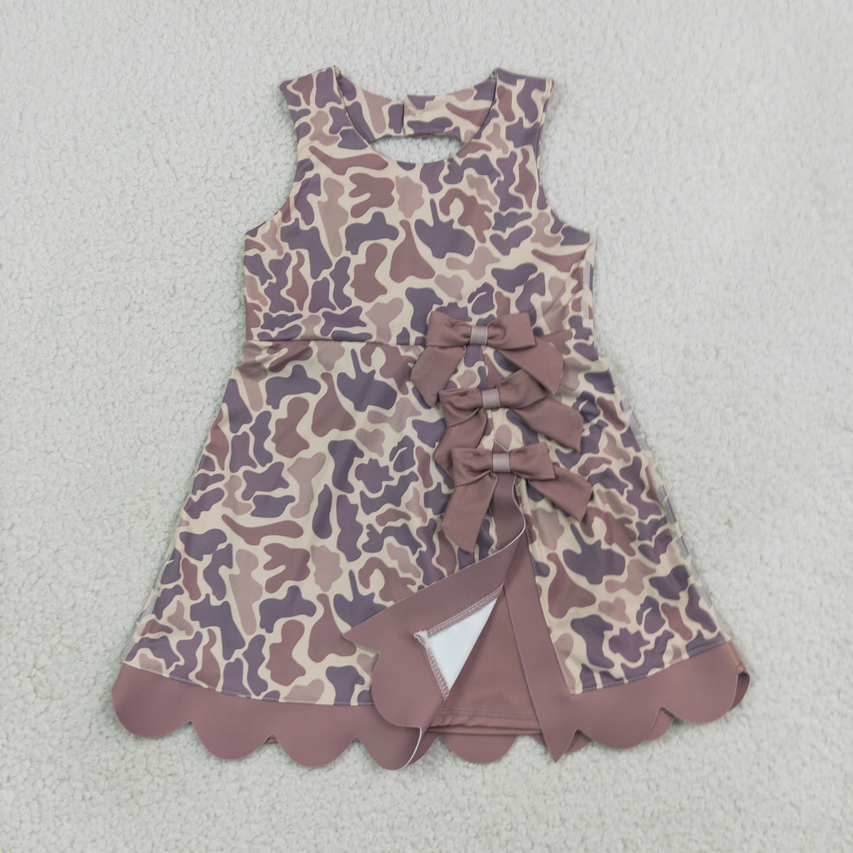 RTS NO MOQ （In stock）yoga fabric GSD4227 Baby Girls Sleeveless Khaki Camo Yoga Active Short Scallop Bows Knee Length Dress