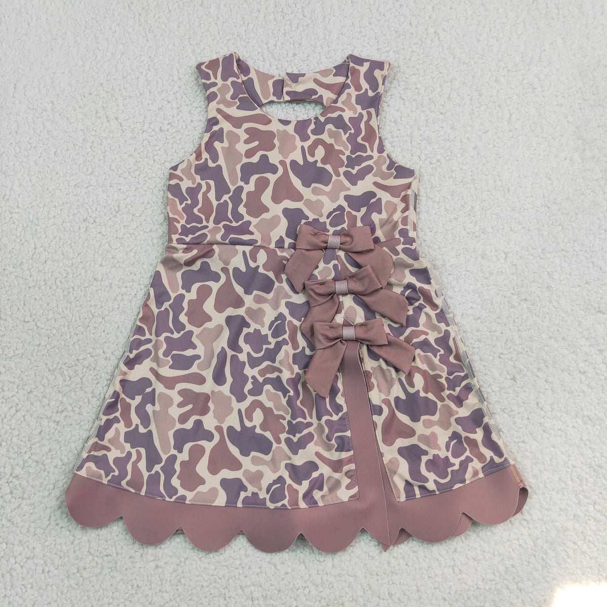RTS NO MOQ （In stock）yoga fabric GSD4227 Baby Girls Sleeveless Khaki Camo Yoga Active Short Scallop Bows Knee Length Dress