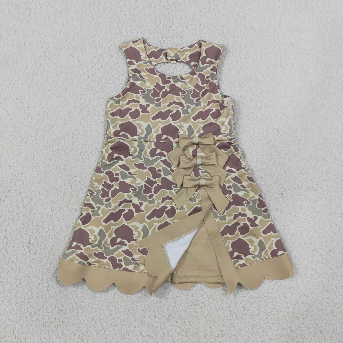 RTS NO MOQ （In stock）yoga fabric GSD4228 Baby Girls Southern Khaki Camo Yoga Active Short Scallop Bows Knee Length Dress