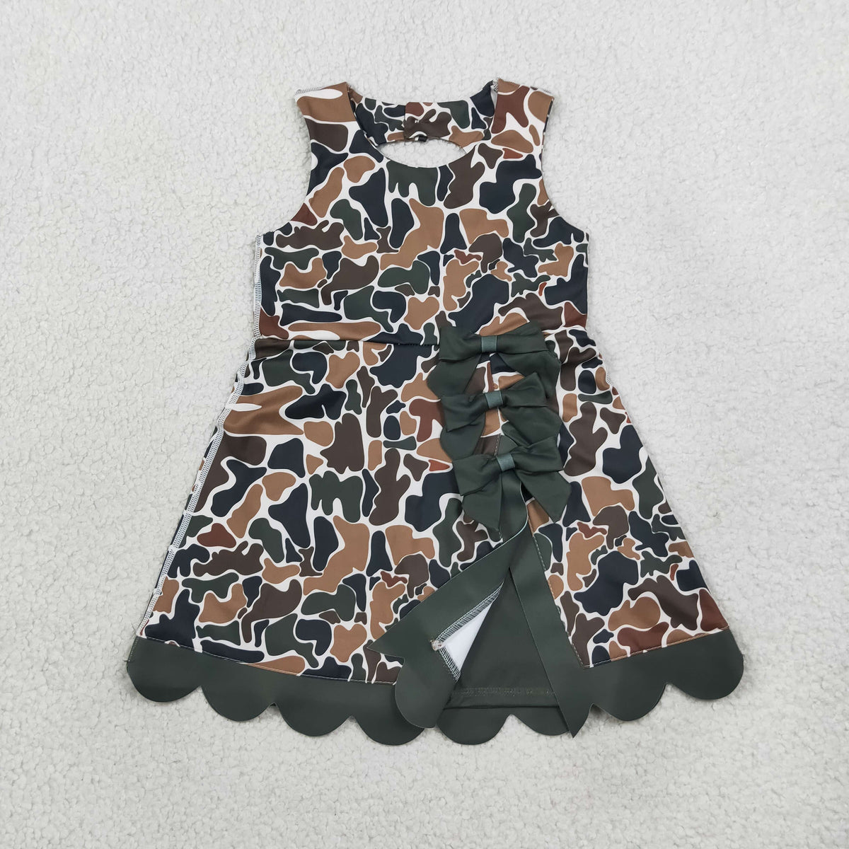 RTS NO MOQ （In stock） yoga fabric GSD4229 Baby Girls Dark Brown Camo Scallop Knee Length Yoga Dress