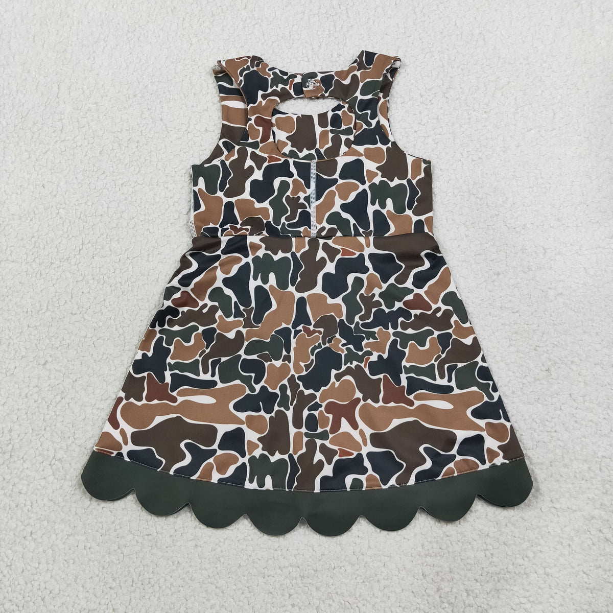 RTS NO MOQ （In stock） yoga fabric GSD4229 Baby Girls Dark Brown Camo Scallop Knee Length Yoga Dress