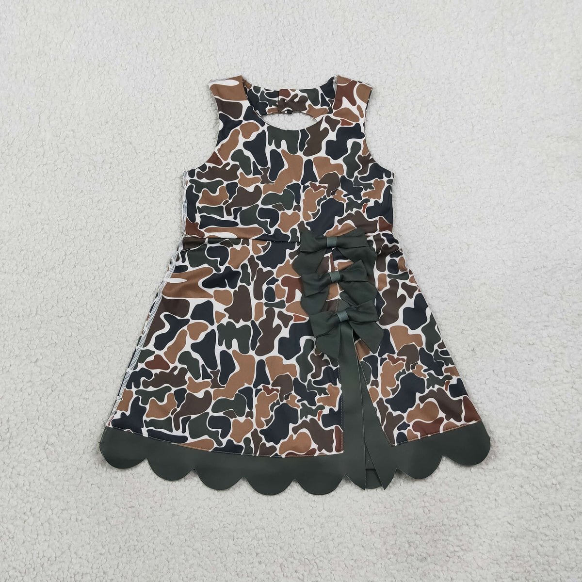 RTS NO MOQ （In stock） yoga fabric GSD4229 Baby Girls Dark Brown Camo Scallop Knee Length Yoga Dress