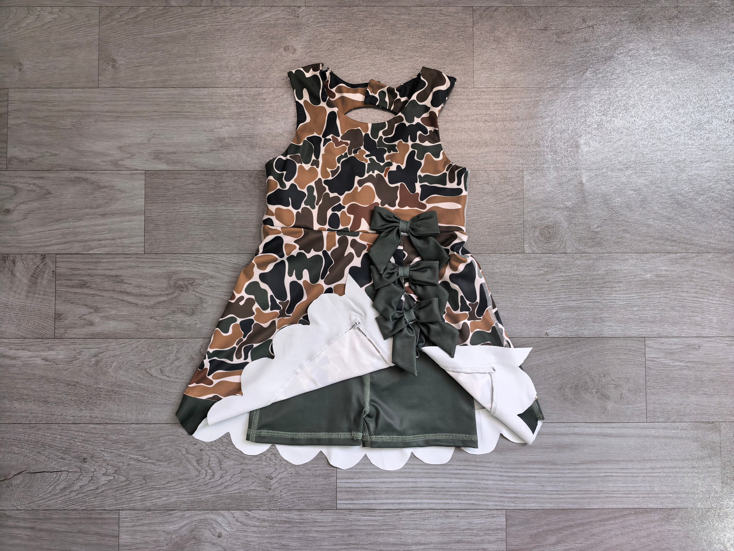 GSD4229 Sample No Moq Baby Girls Southern Dark Brown Camo Yoga Active Short Scallop Knee Length Dress