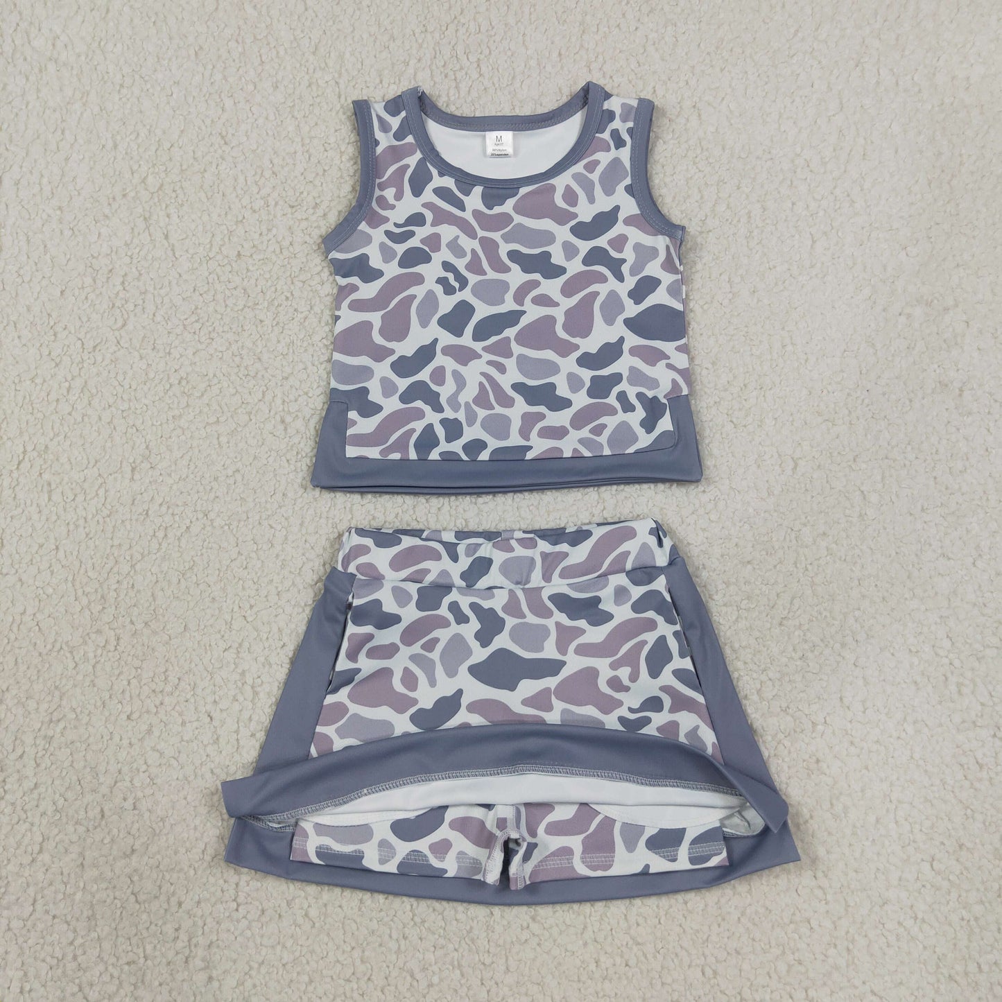 GSD4230  RTS NO MOQ （In stock）Baby Girls Southern Light Grey Camo Vest Top Skirt Short Yoga Active Clothes Set