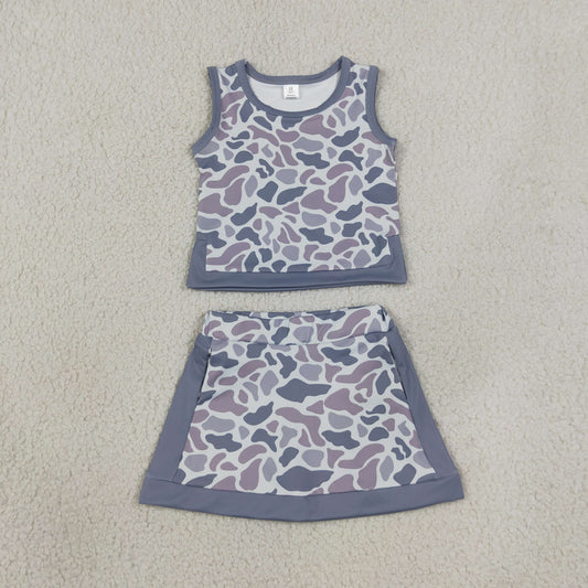 GSD4230  RTS NO MOQ （In stock）Baby Girls Southern Light Grey Camo Vest Top Skirt Short Yoga Active Clothes Set