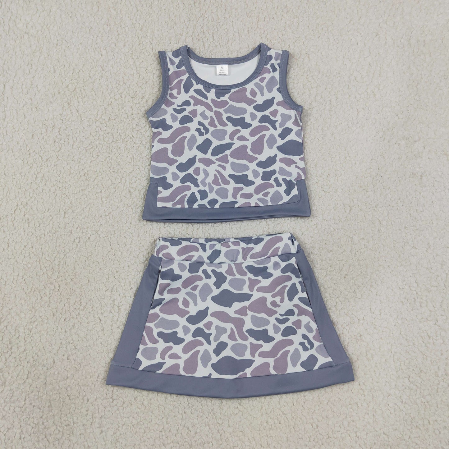 RTS NO MOQ Sibling Yoga fabric Baby Girls Southern  Camo Vest Skirt Short Yoga Active Clothes Set