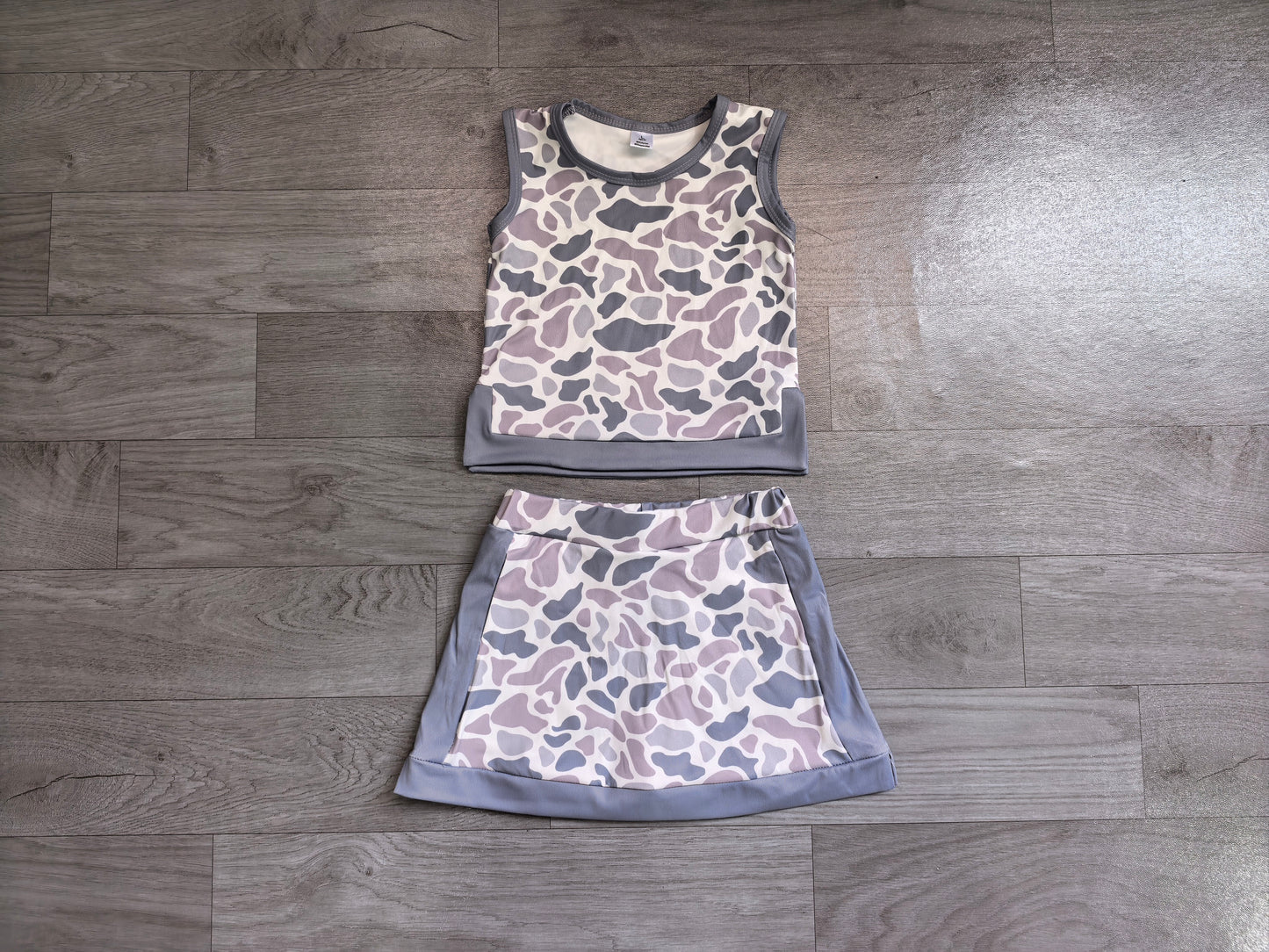 GSD4230 Sample No Moq Baby Girls Southern Light Grey Camo Vest Top Skirt Short Yoga Active Clothes Set