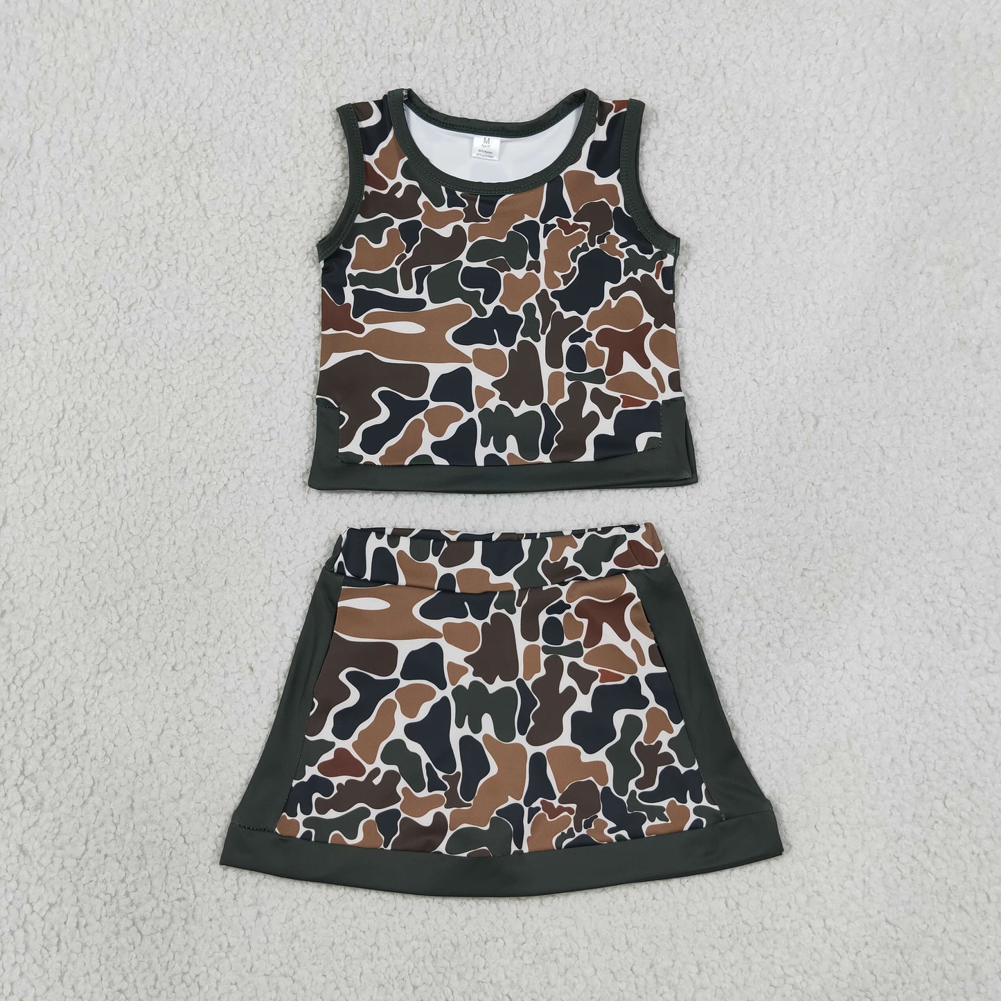 RTS NO MOQ Sibling Yoga fabric Baby Girls Southern  Camo Vest Skirt Short Yoga Active Clothes Set