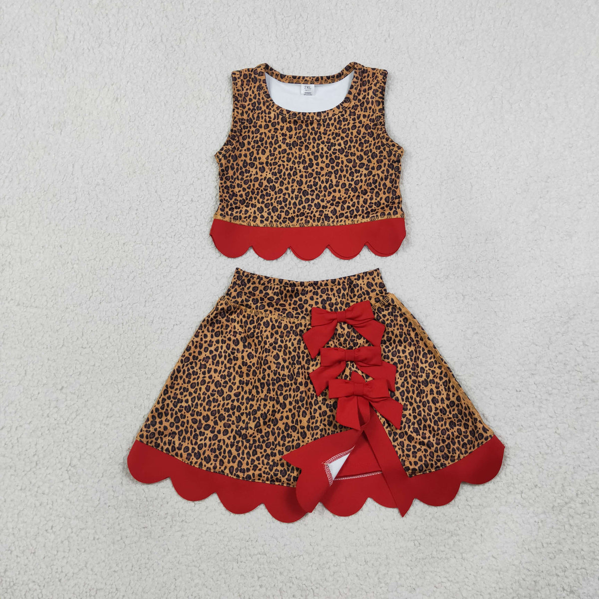 RTS NO MOQ （In stock） yoga fabric GSD4234 Yoga Baby Girls Leopard Print Bow Vest Top Matching Scallop Skort Yoga Set