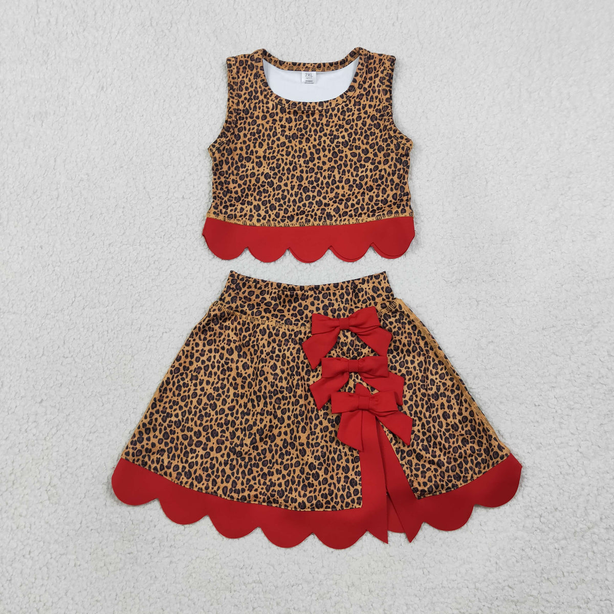 RTS NO MOQ （In stock） yoga fabric GSD4234 Yoga Baby Girls Leopard Print Bow Vest Top Matching Scallop Skort Yoga Set