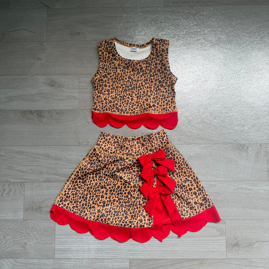 GSD4234 Sample No Moq Yoga Baby Girls Leopard Print Bow Vest Top Matching Scallop Skort Two Piece Yoga Active Clothes Set