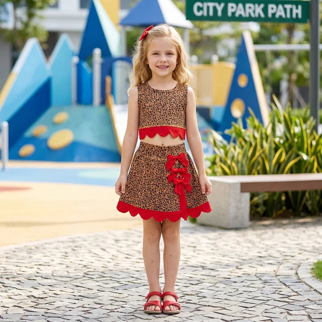 RTS NO MOQ （In stock） yoga fabric GSD4234 Yoga Baby Girls Leopard Print Bow Vest Top Matching Scallop Skort Yoga Set