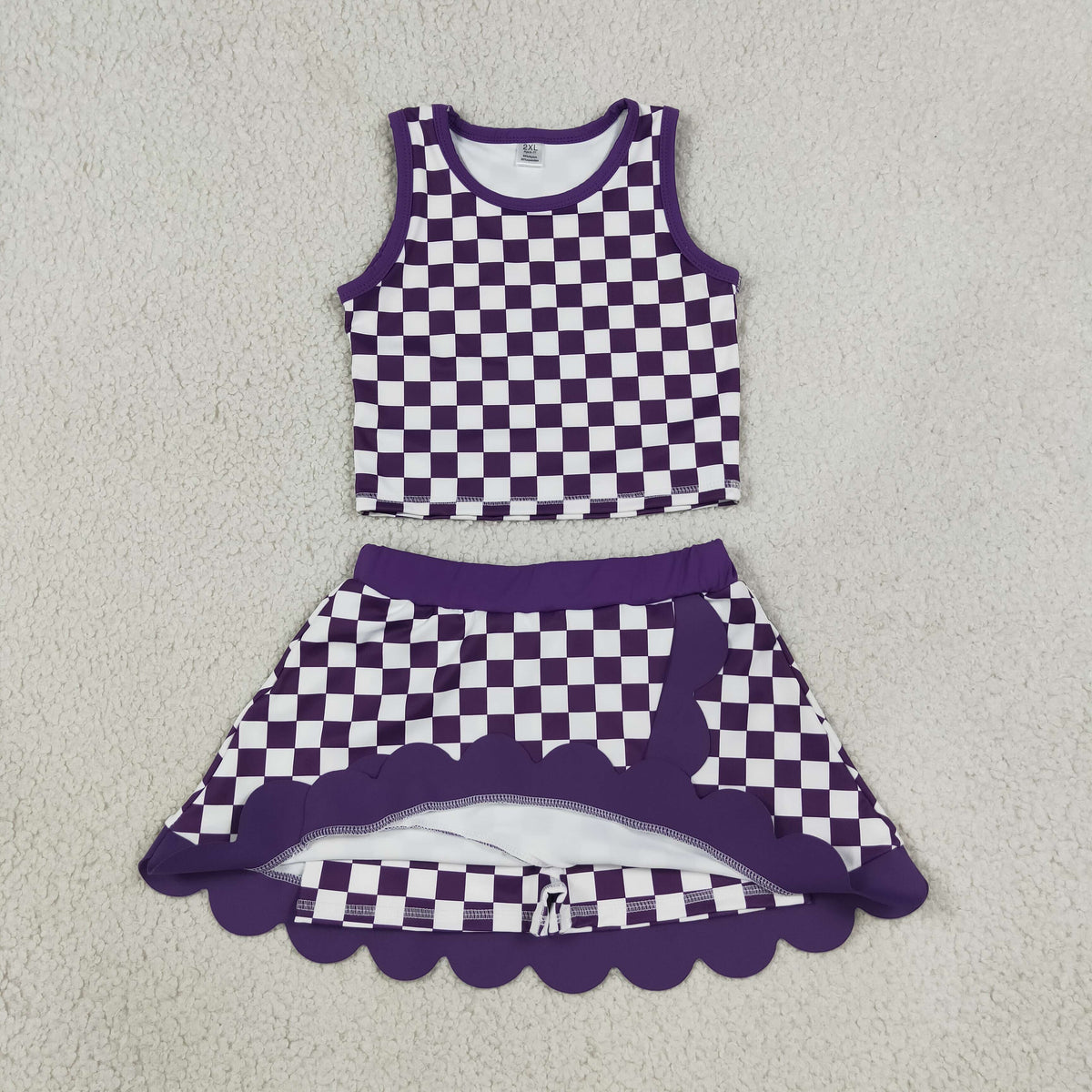 GSD4251 RTS NO MOQ （In stock） Yoga Baby Girls Purple Plaid Scallop Trim Vest Skort Daily Sports Active Set