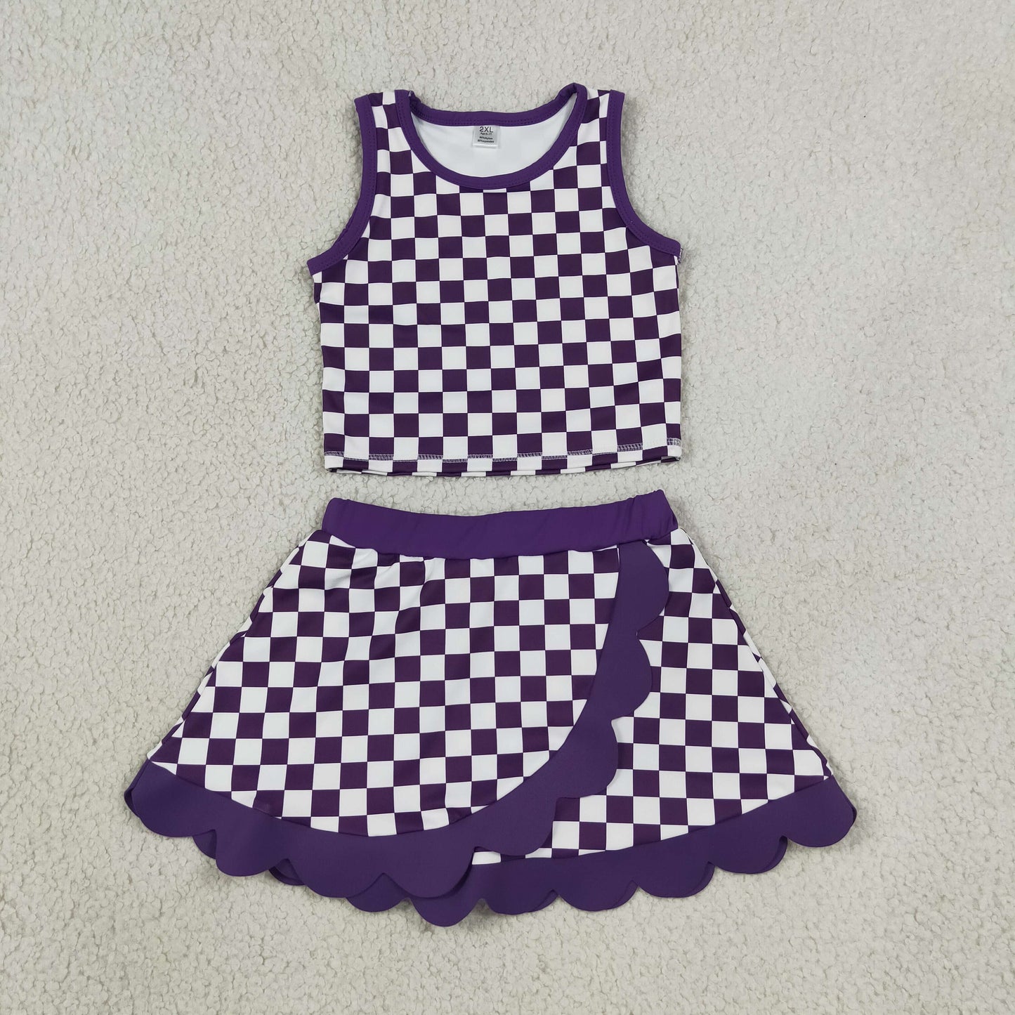 GSD4251 RTS NO MOQ （In stock） Yoga Baby Girls Purple Plaid Scallop Trim Vest Skort Daily Sports Active Set