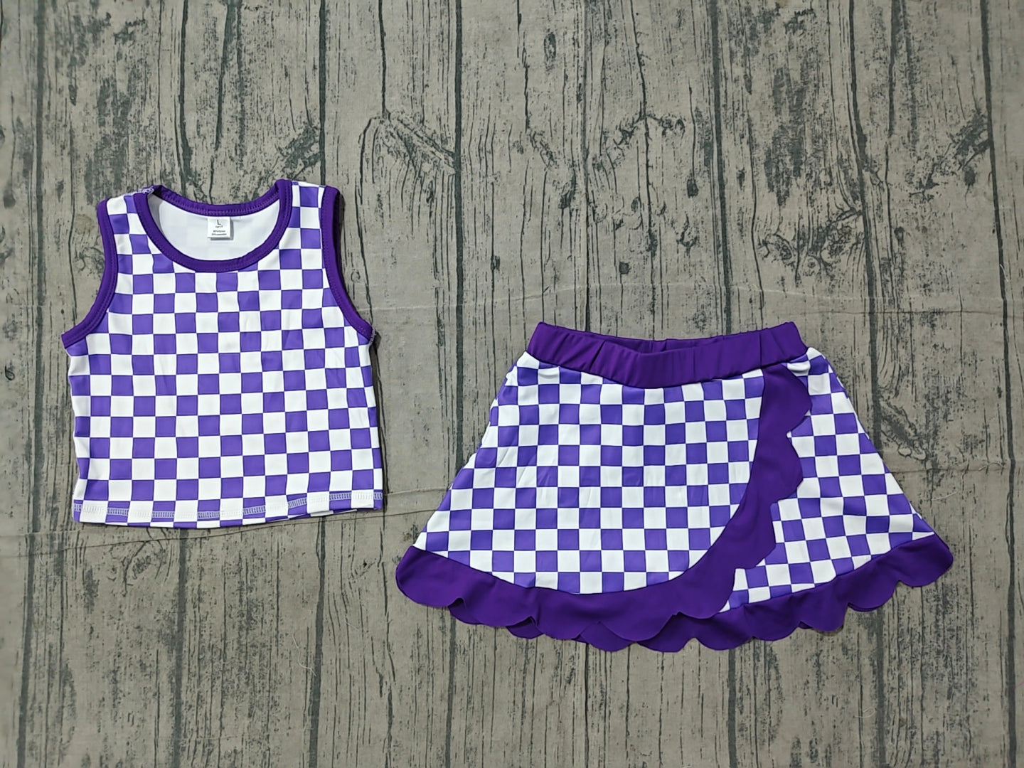 6.21 GSD4251 Sample No Moq Yoga Baby Girls Purple Plaid Scallop Trim Vest Skort Daily Sports Active Set