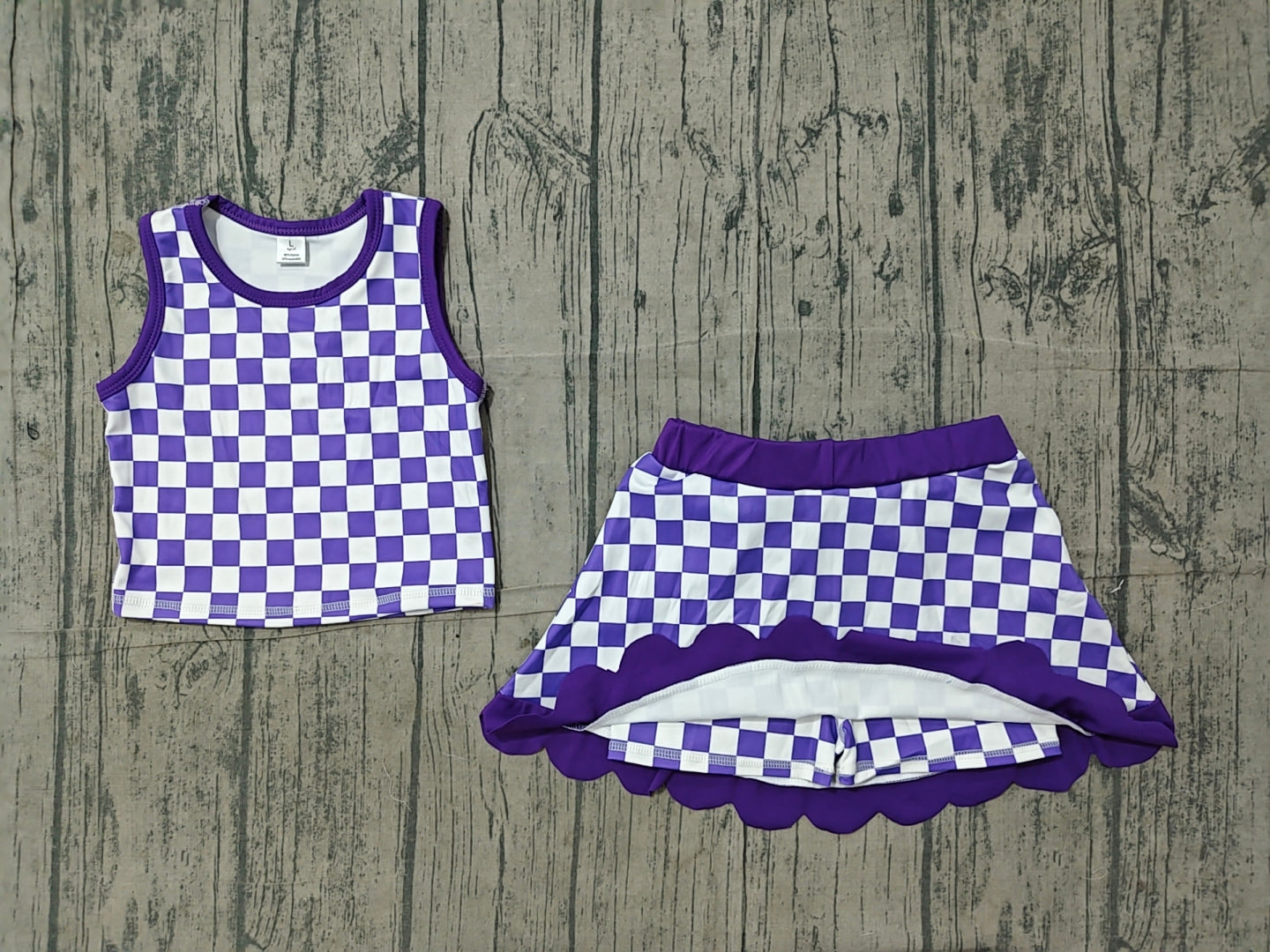 6.21 GSD4251 Sample No Moq Yoga Baby Girls Purple Plaid Scallop Trim Vest Skort Daily Sports Active Set