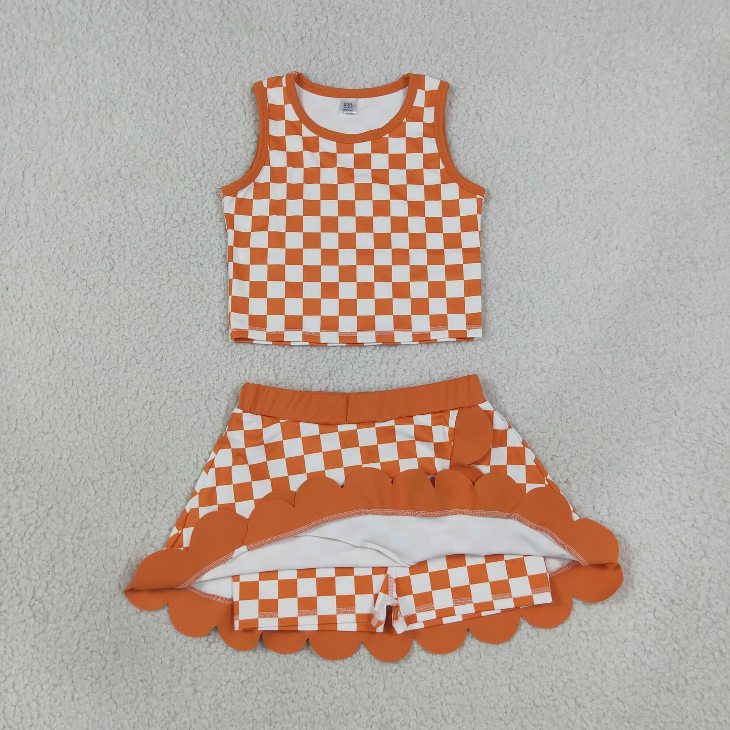 GSD4252 Sample No Moq Baby Girls Orange Checked Vest Scallop Skirt Short Yoga Active Clothes Set