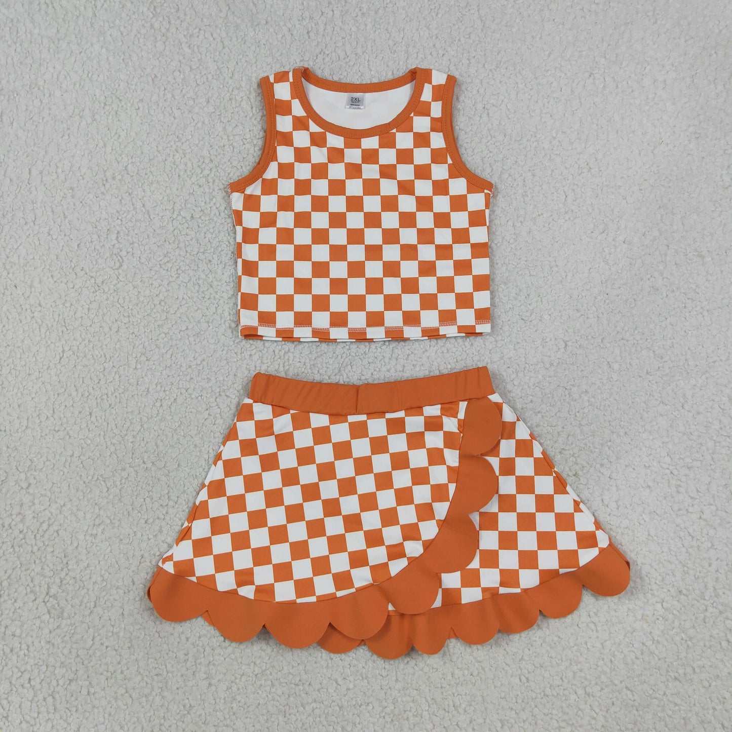 GSD4252 Sample No Moq Baby Girls Orange Checked Vest Scallop Skirt Short Yoga Active Clothes Set
