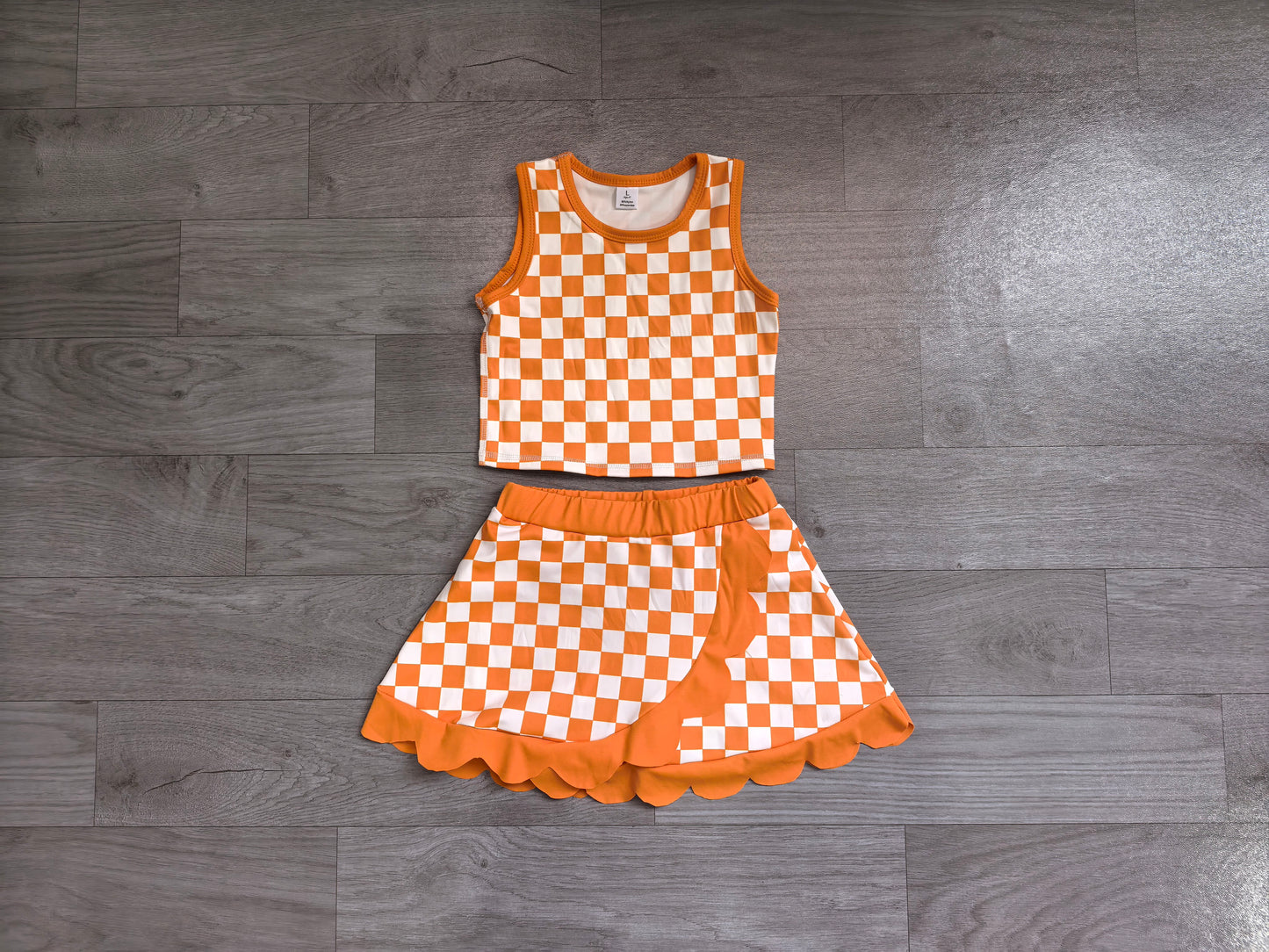 GSD4252 Sample No Moq Baby Girls Orange Checked Vest Scallop Skirt Short Yoga Active Clothes Set