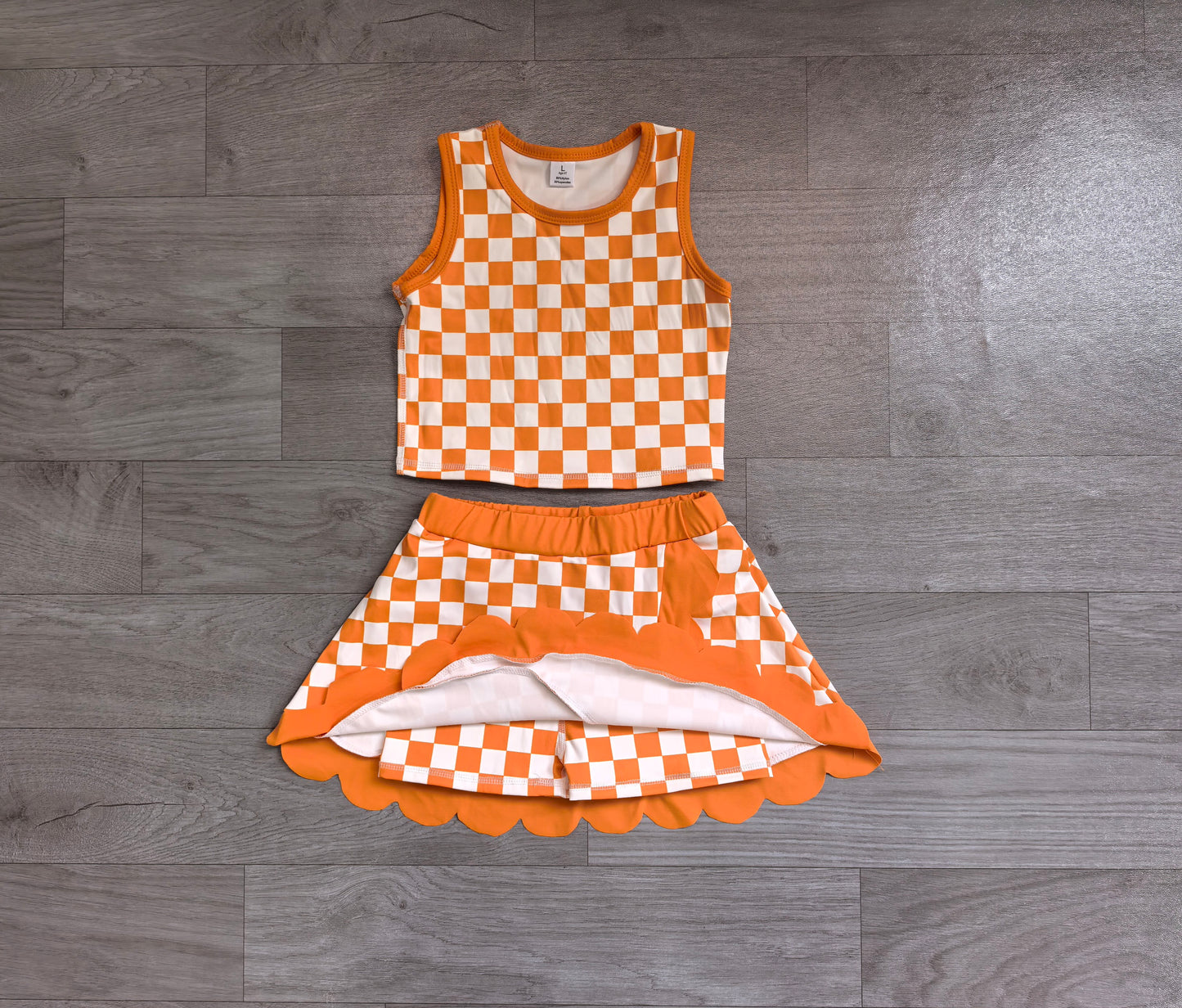 GSD4252 Sample No Moq Baby Girls Orange Checked Vest Scallop Skirt Short Yoga Active Clothes Set