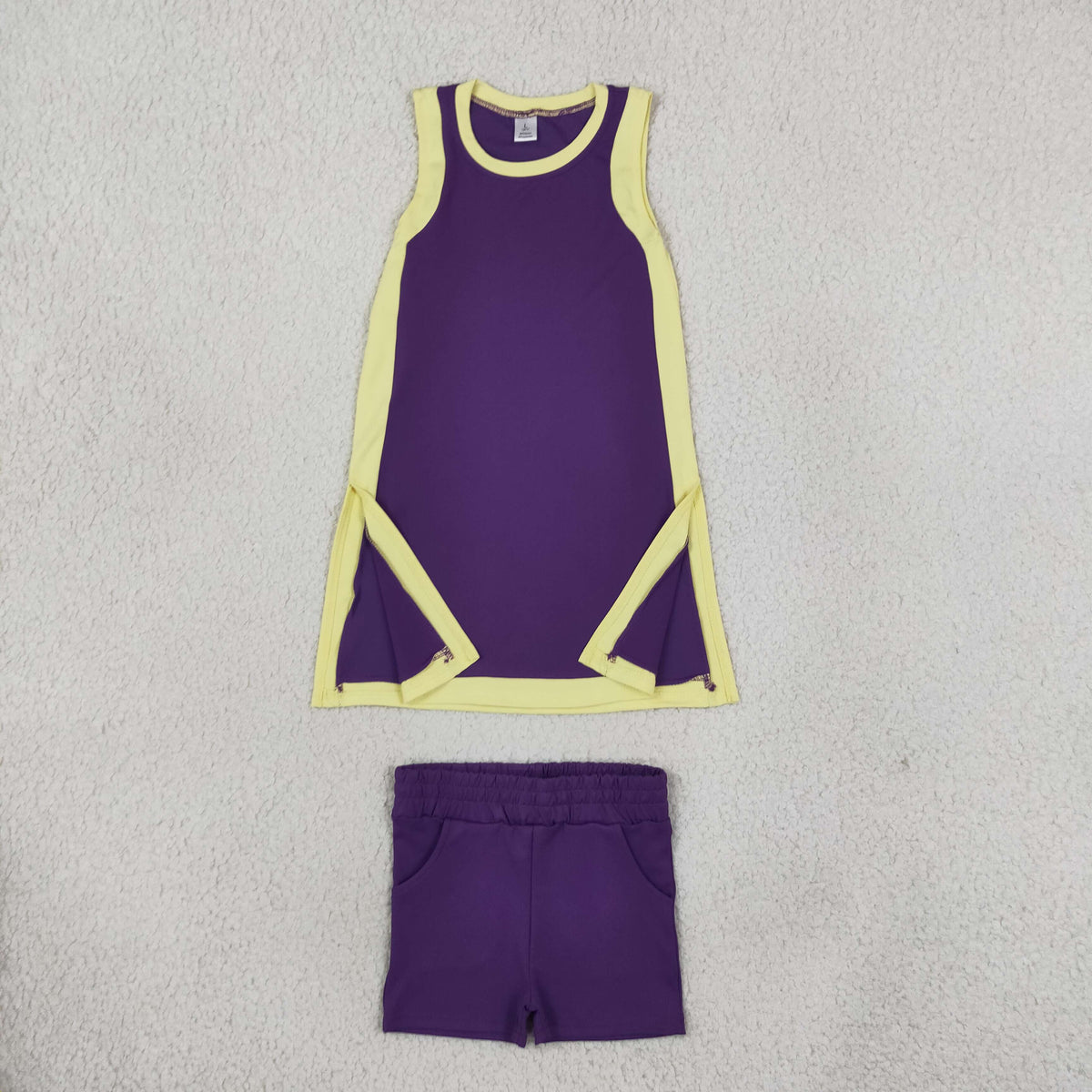RTS NO MOQ （In stock）yoga fabric cotton GSD4253+SS0958 Yoga Separate Shorts Baby Girls Purple Sleeveless Top Split Hem Short Yoga Skirt Set