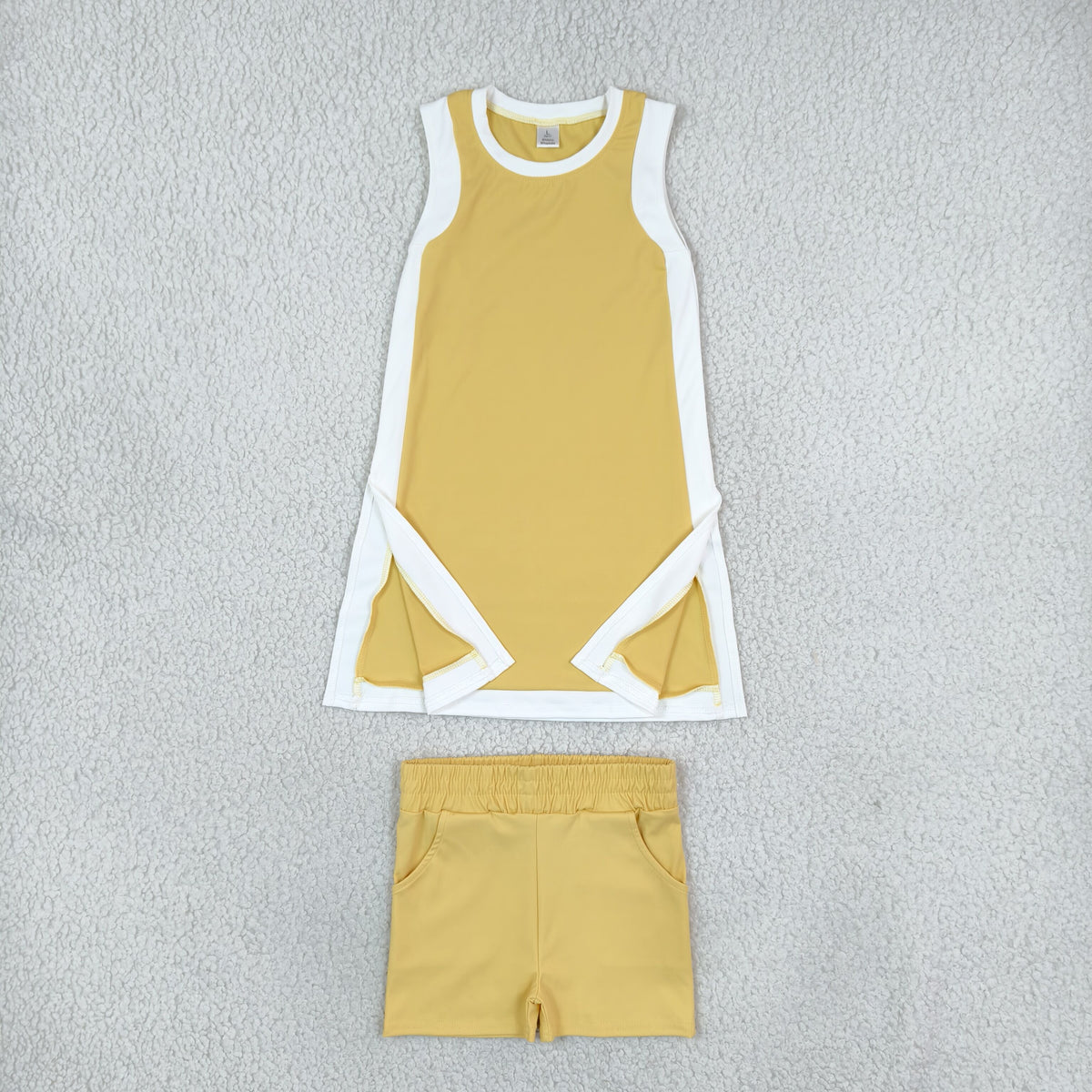 RTS NO MOQ （In stock）yoga fabric cotton GSD4254+SS0959 Yoga Separate Shorts Baby Girls Yellow Sleeveless Top Split Hem Short Yoga Skirt Set