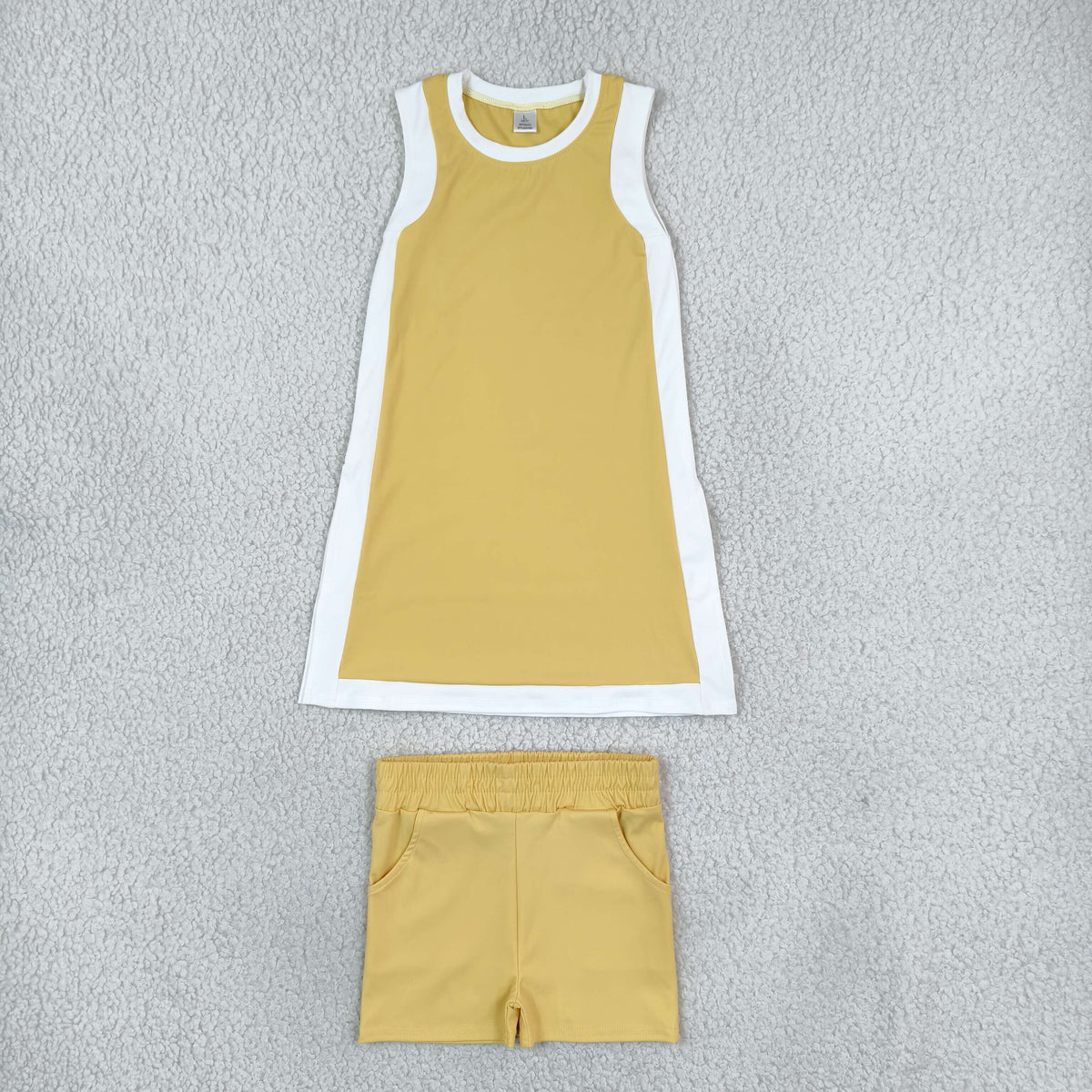 RTS NO MOQ （In stock）yoga fabric cotton GSD4254+SS0959 Yoga Separate Shorts Baby Girls Yellow Sleeveless Top Split Hem Short Yoga Skirt Set