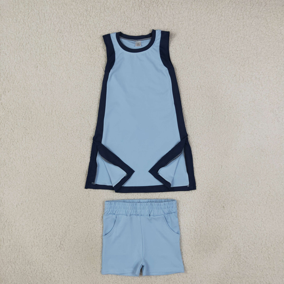 RTS NO MOQ （In stock）yoga fabric cotton GSSO3847（GSD4256+SS0961）Yoga Separate Shorts Baby Girls Light Blue Sleeveless Top Split Hem Short Yoga Skirt Active Clothes Set