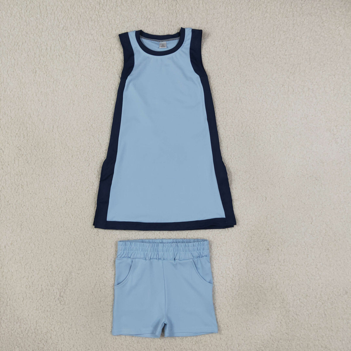 RTS NO MOQ （In stock）yoga fabric cotton GSSO3847（GSD4256+SS0961）Yoga Separate Shorts Baby Girls Light Blue Sleeveless Top Split Hem Short Yoga Skirt Active Clothes Set