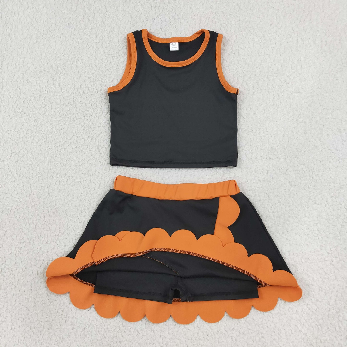 GSD4259 RTS NO MOQ （In stock）yoga fabric Sleeveless black top orange scallop girls active wear set）