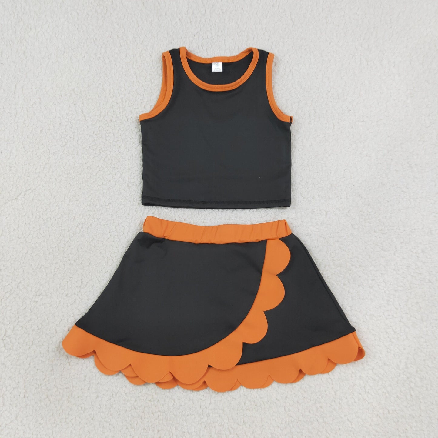 GSD4259 RTS NO MOQ （In stock）yoga fabric Sleeveless black top orange scallop girls active wear set）